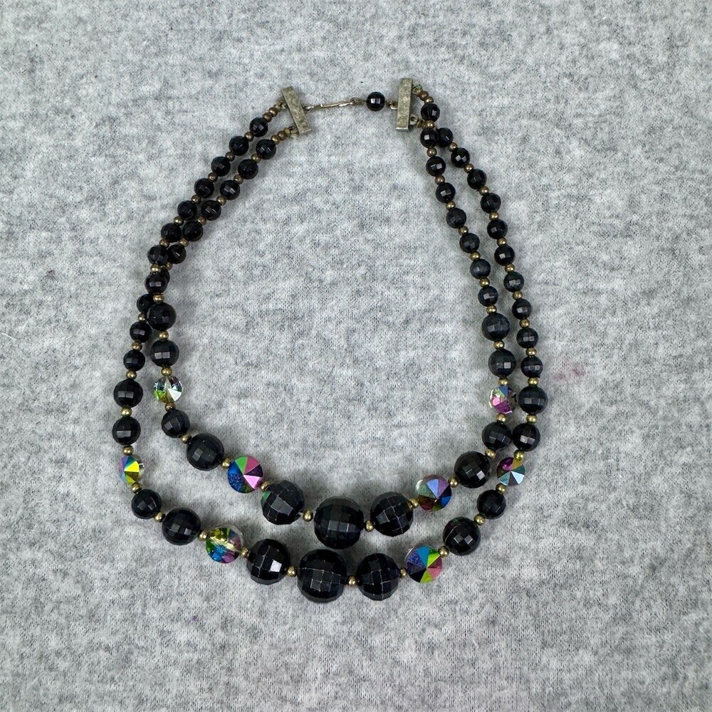 Vintage Double Strand Black Faceted Bead Necklace AB Accents